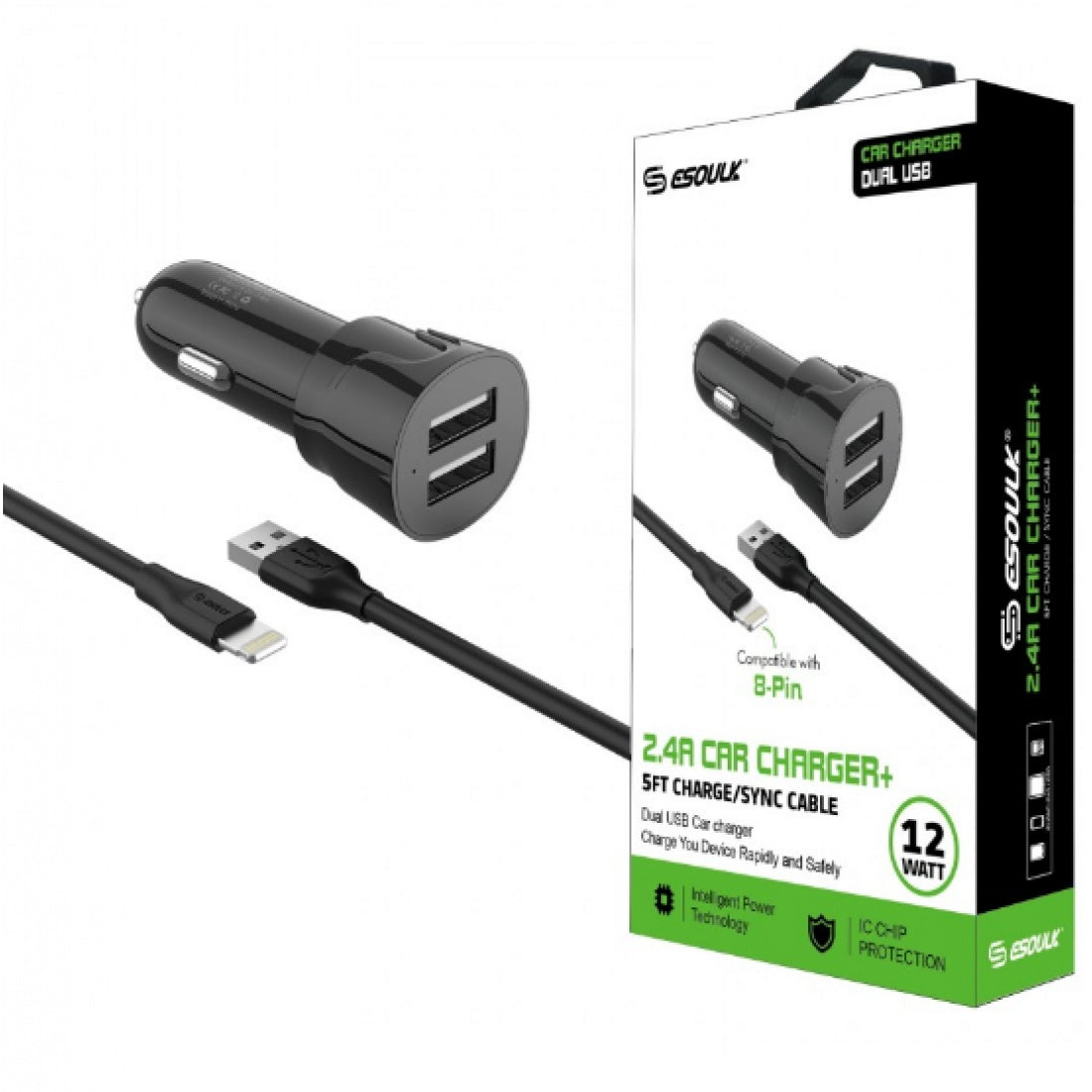 ESOULK EC43P-IP 12W CAR CHARGER+8 PIN USB - BLK