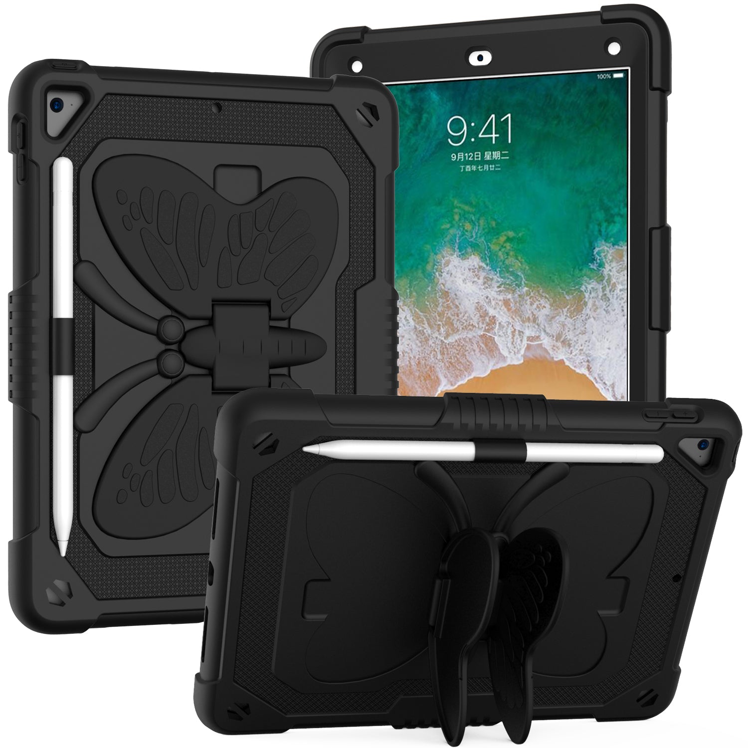 Apple New iPad 9.7 inch Butterfly Kickstand 3in1 Tough Hybrid Case Cover with Shoulder Strap - Black/Black