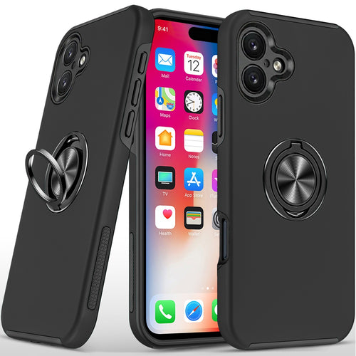 iPhone 16 6.1 inch CHIEF Oil Painted Magnetic Ring Stand Hybrid Case Cover - Black
