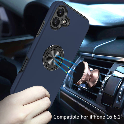 iPhone 16 6.1 inch CHIEF Oil Painted Magnetic Ring Stand Hybrid Case Cover - Dark Blue