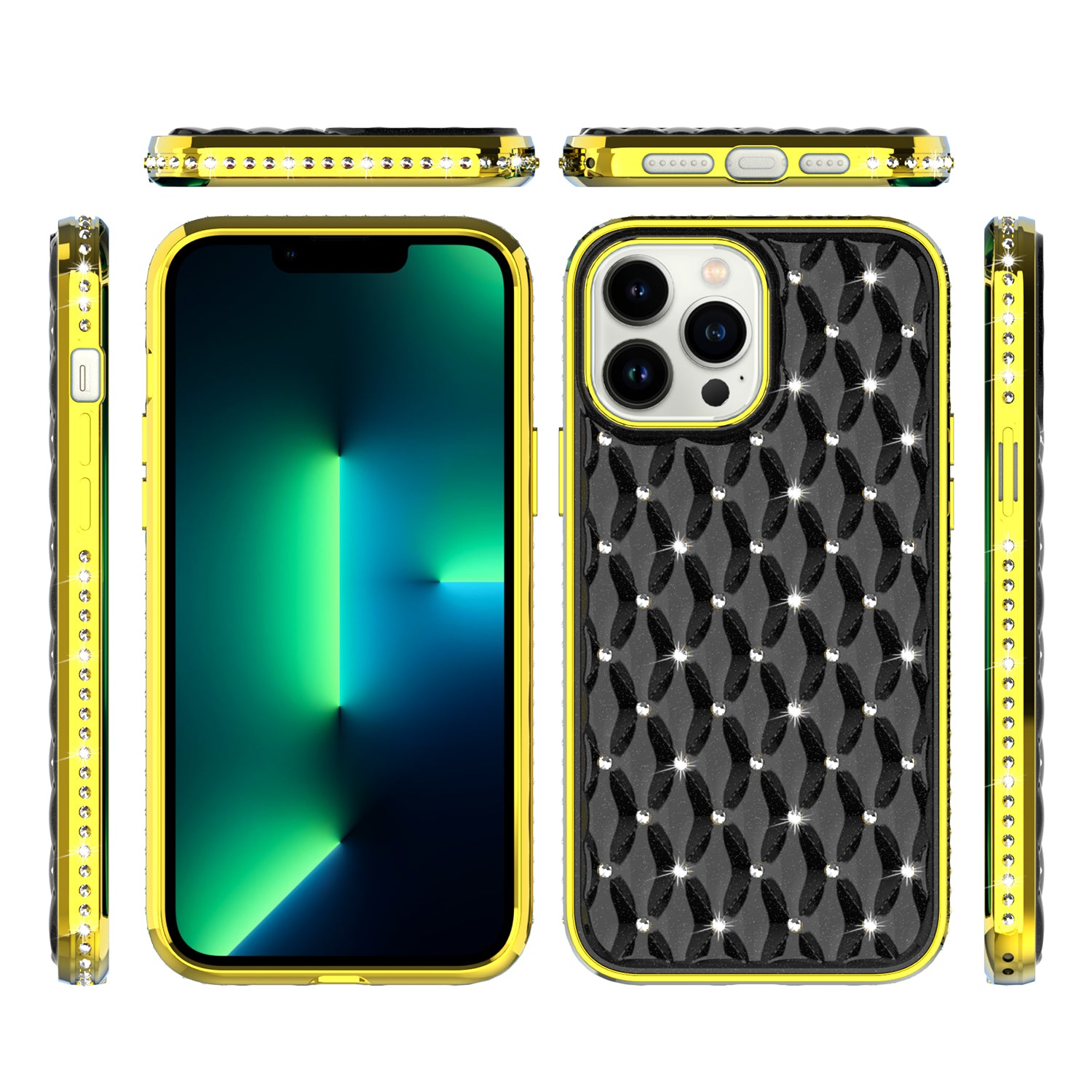 Apple iPhone 14 PRO 6.1" Radiant Chrome Diamonds Hybrid Case Cover - Black