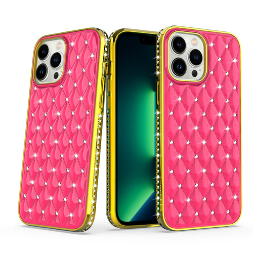 Apple iPhone 14 PRO 6.1" Radiant Chrome Diamonds Hybrid Case Cover - Hot Pink