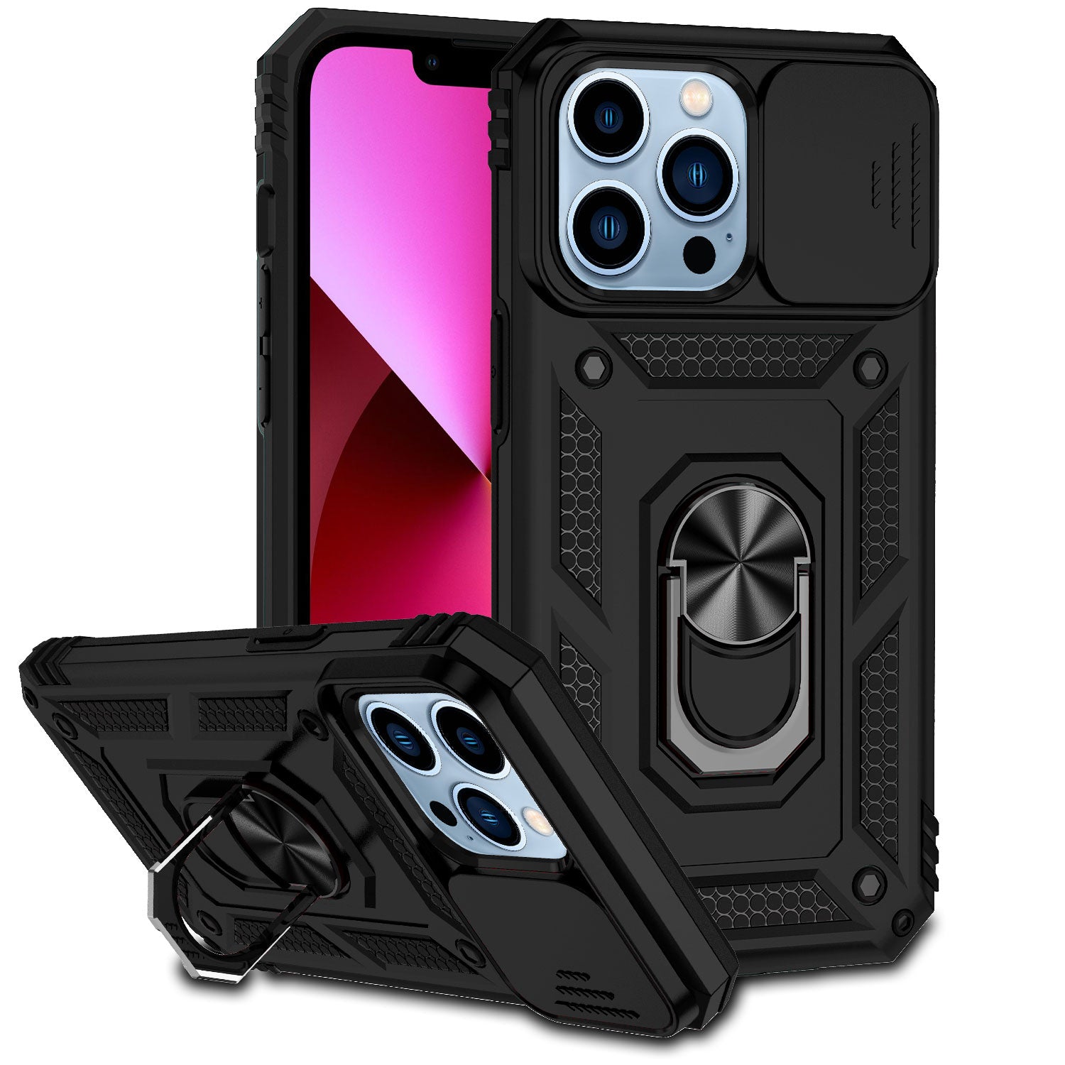Apple iPhone 11 (XI6.1) Well Protective Magentic Ring Stand Camera Protective Cover Case - Black