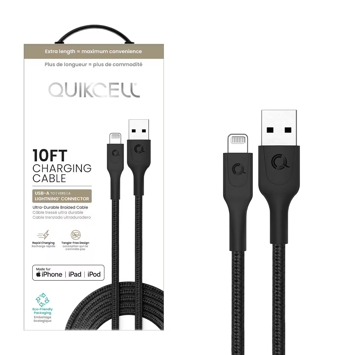 Quikcell   10ft FAST CHARGE CABLE Lightning to USB-A Black