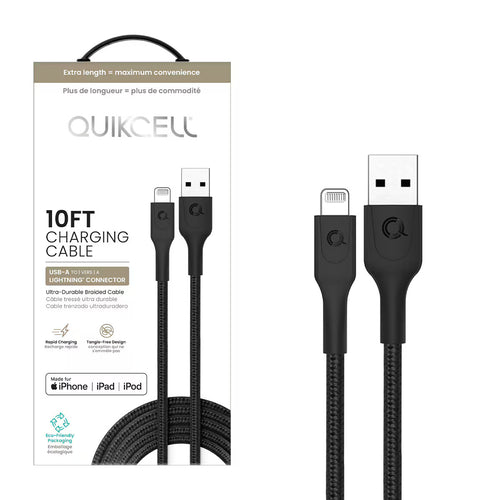 Quikcell   10ft FAST CHARGE CABLE Lightning to USB-A Black