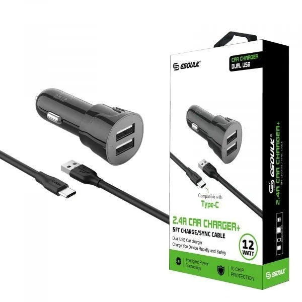 ESOULK EC43P-TPC 12W CAR CHARGER+TYPE C USB - BLK
