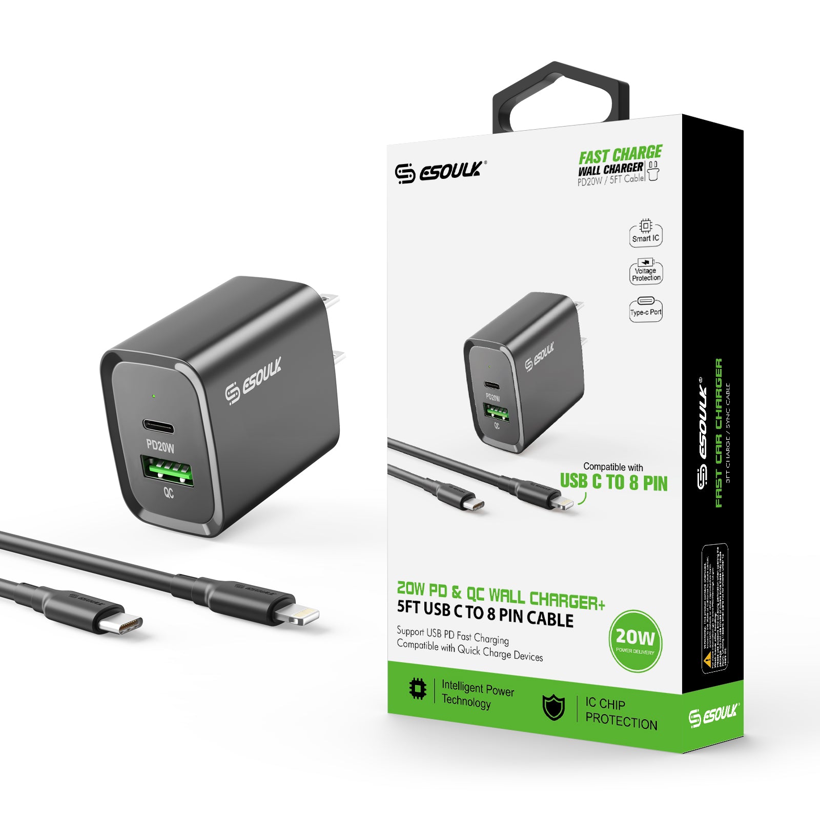 20W PD/QC Wall Charger & 5FT Cable for C to 8pin