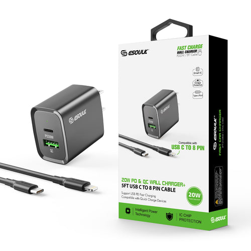 20W PD/QC Wall Charger & 5FT Cable for C to 8pin