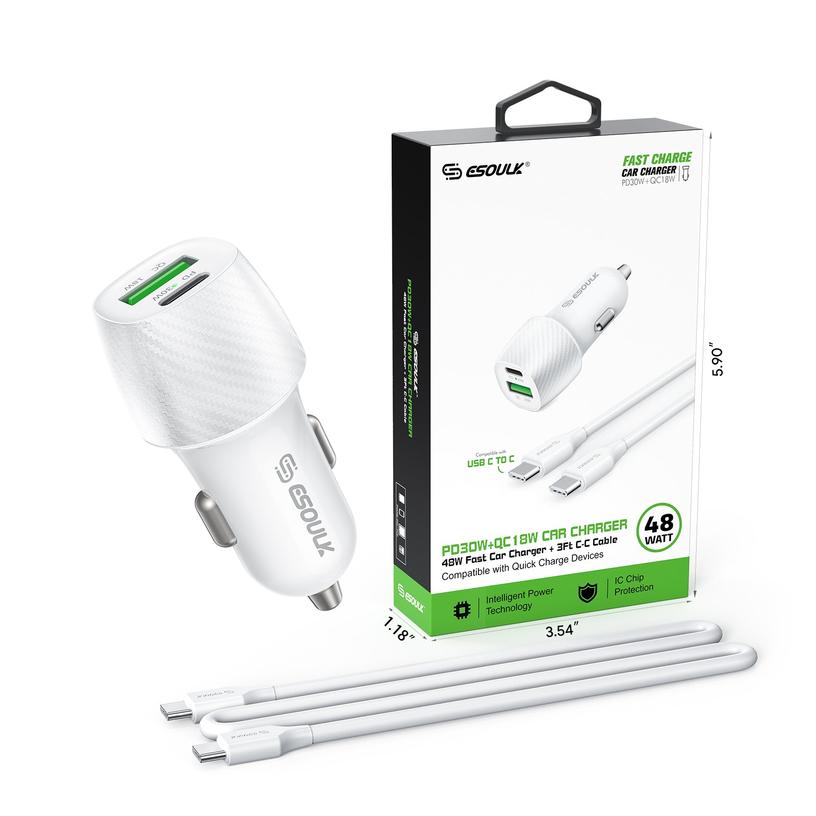 48W PD&QC Car Charger +3Ft USB-C To USB-C Cable (12/48)