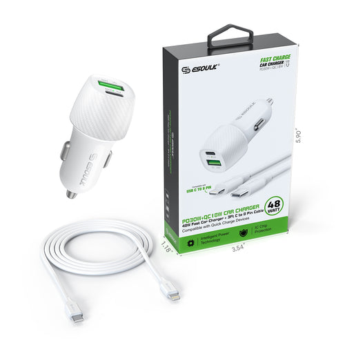 48W PD&QC Car Charger +3Ft USB-C To 8Pin Cable (12/48)