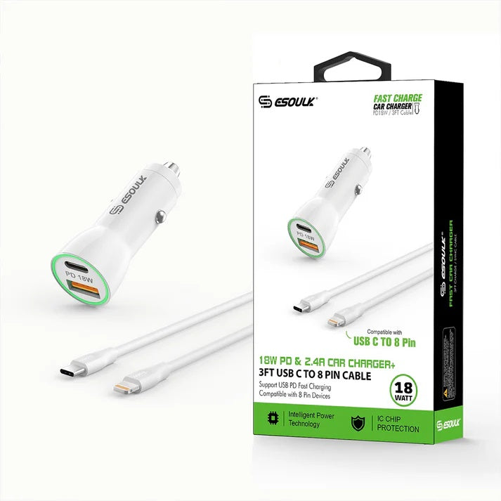 ESOULK EC09P-CL 18W CAR CHARGER+8 PIN USB - WHT