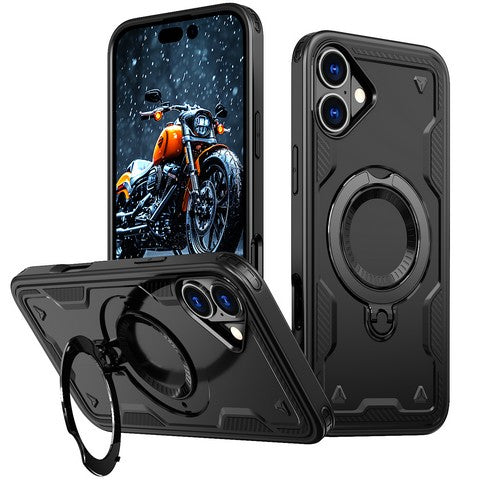 Iphone 16 Plus 6.7 Hybrid Case w/Large Twisting Magnetic Ring Stand Black