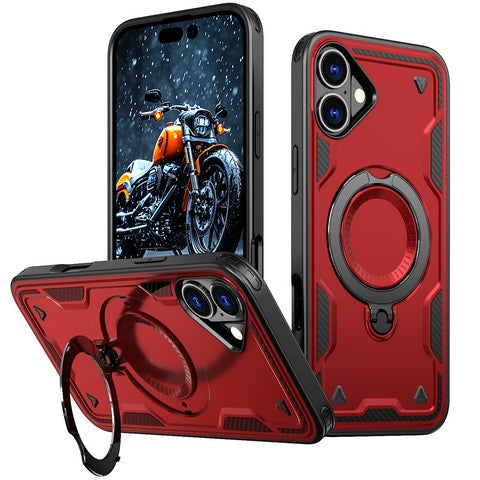 Iphone 16 Plus 6.7 Hybrid Case w/Large Twisting Magnetic Ring Stand Red