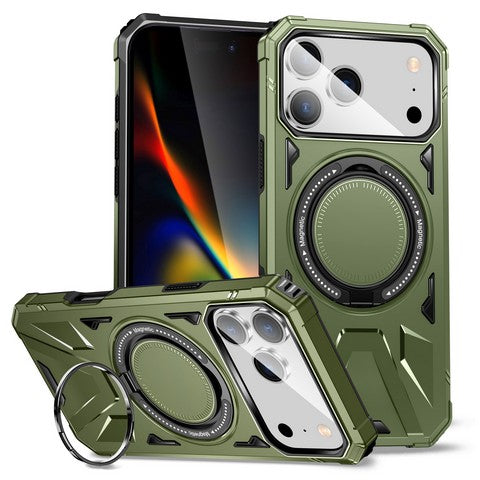 iPhone 17 Pro Max Tough Case w/Large Rotating Magnetic Ring Stand Green