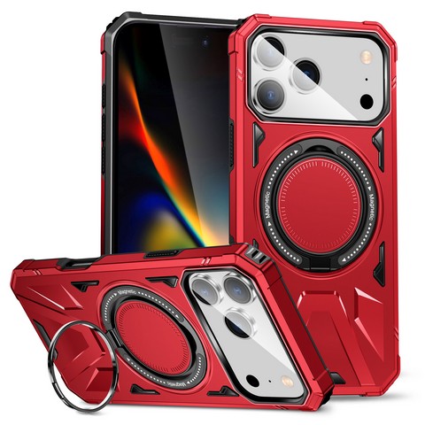 iPhone 17 Pro Max Tough Case w/Large Rotating Magnetic Ring Stand Red