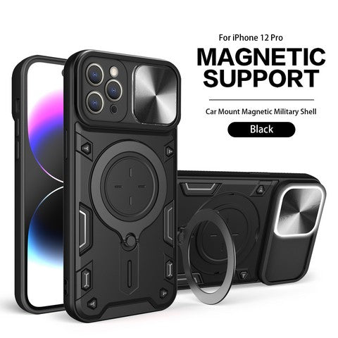 Iphone 12/Iphone 12 pro 6.1 Twisting Magnetic Ring Stand Case w/Camera cover Black