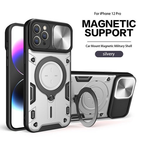 Iphone 12/Iphone 12 pro 6.1 Twisting Magnetic Ring Stand Case w/Camera cover Silver