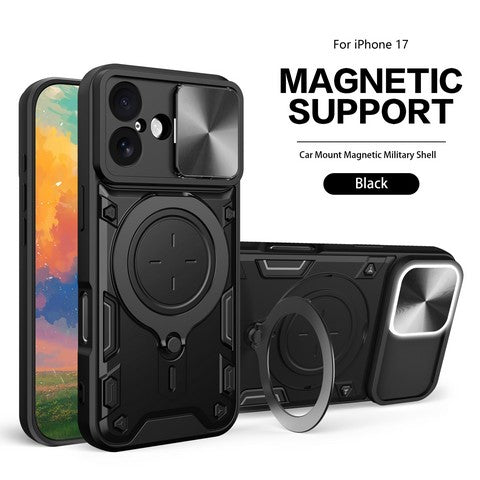 iPhone 17 2025 Twisting Metal Ring Stand Case w/Camera cover Black