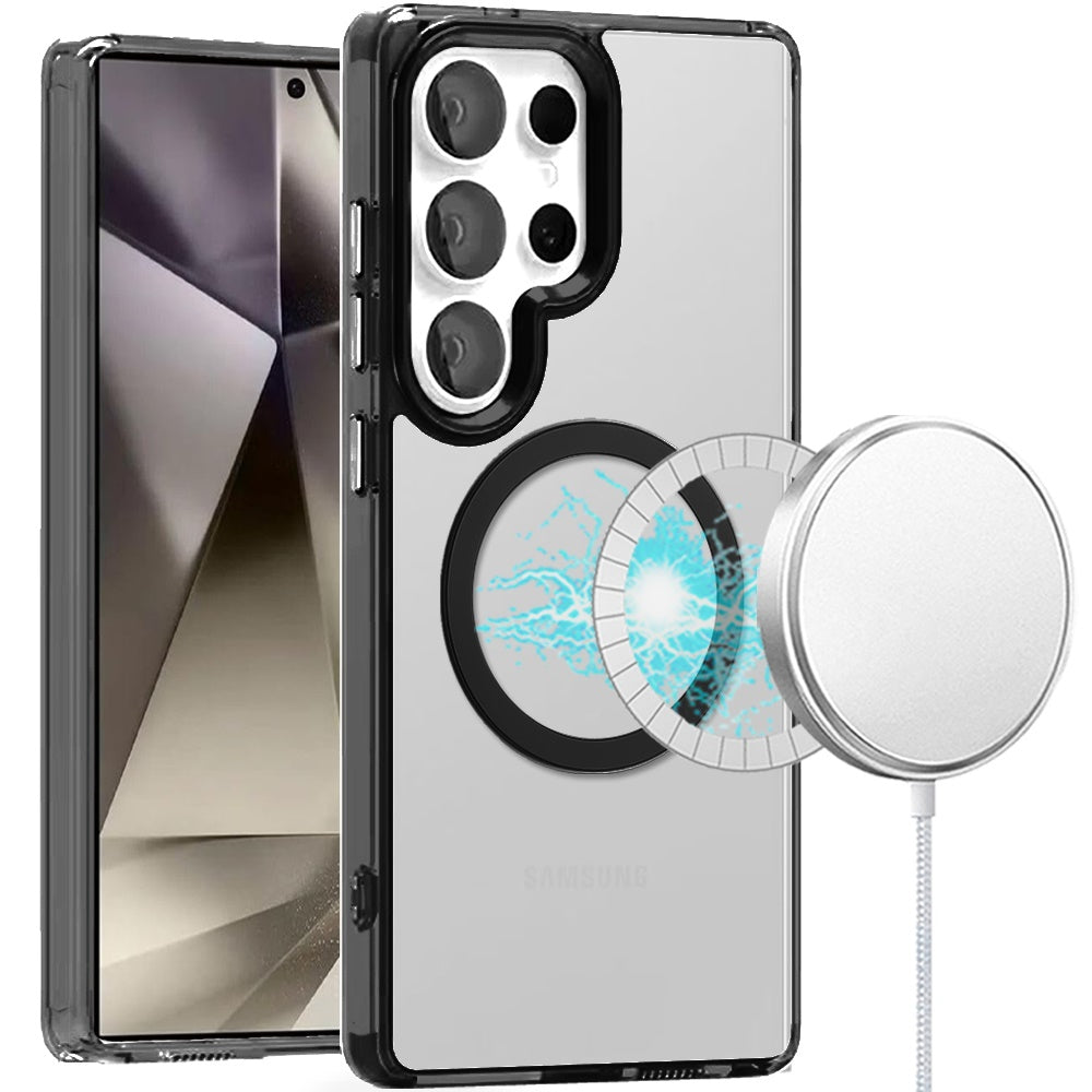 Samsung Galaxy S25 Ultra Magnetic Circle Ring Transparent Premium Acrylic with Metal Buttons & Camera Raised Lip - Black