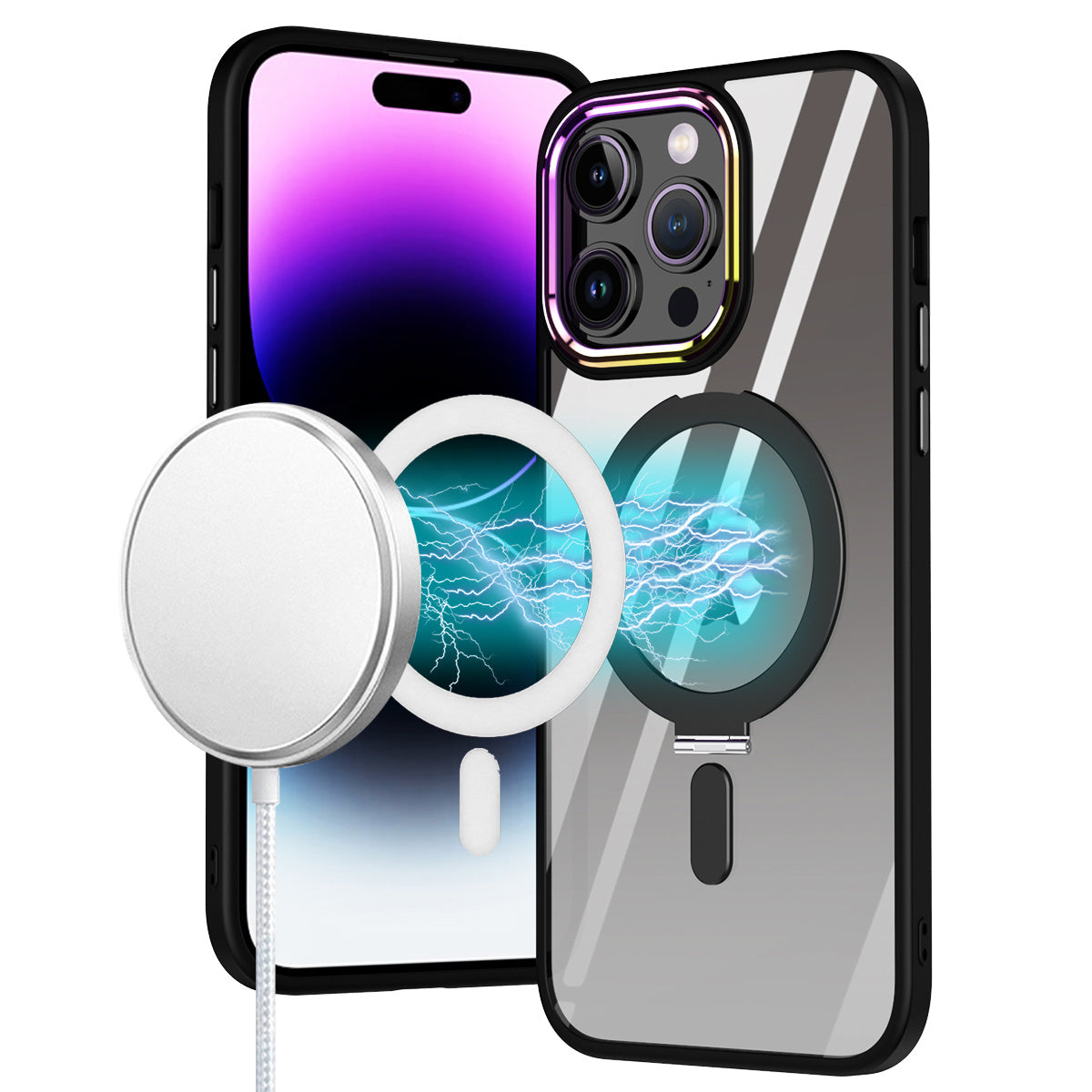 iPhone 14 PRO 6.1" Dazzle [Magnetic Circle] Kickstand Alloy Chrome Transparent Hybrid - Black