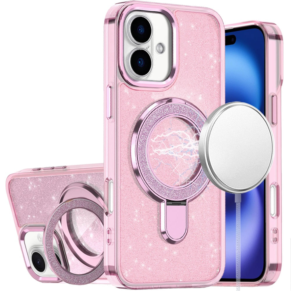 iPhone 17 Transparent Glitter Rotaional Magnetic Ring Stand HQ Hybrid - Light Pink