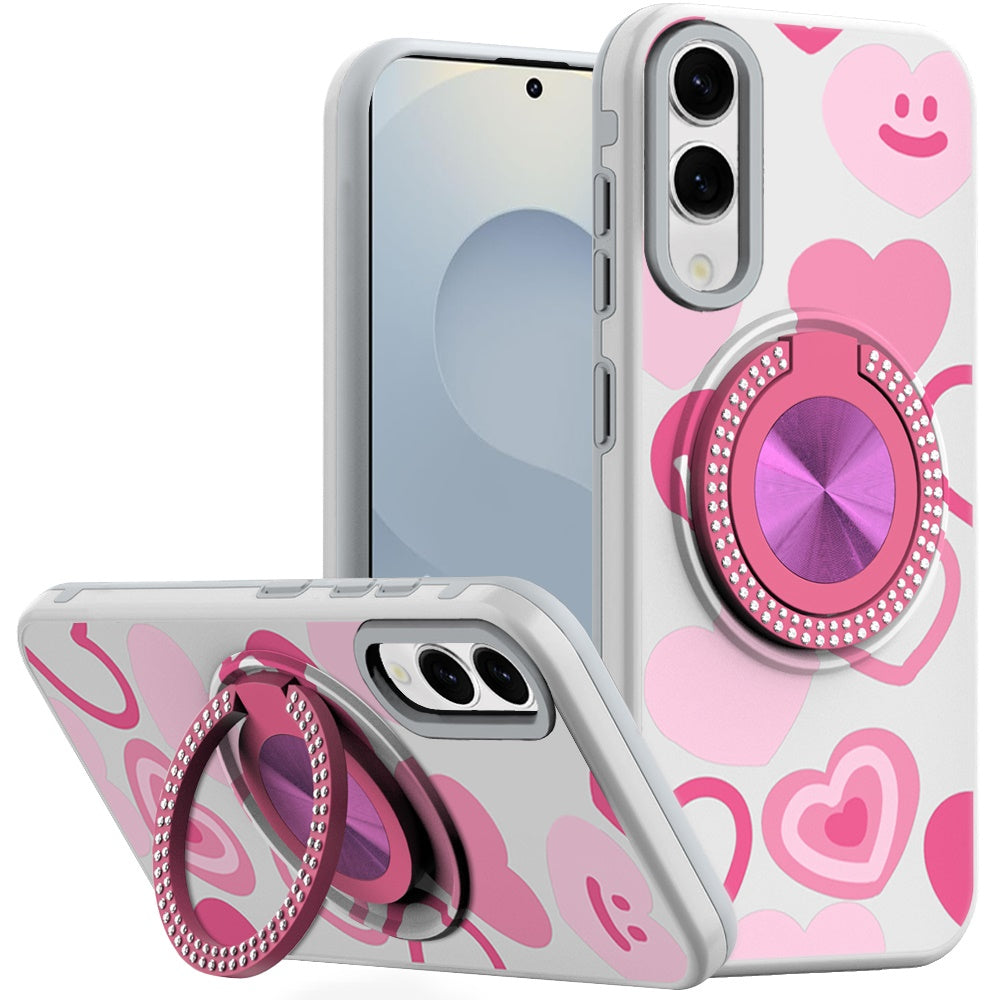 Samsung Galaxy s25 Edge Metal Diamond CD Pattern Design Matte Finished Hybrid with Rotational Ring [Car Mount Friendly] Case - Hearts