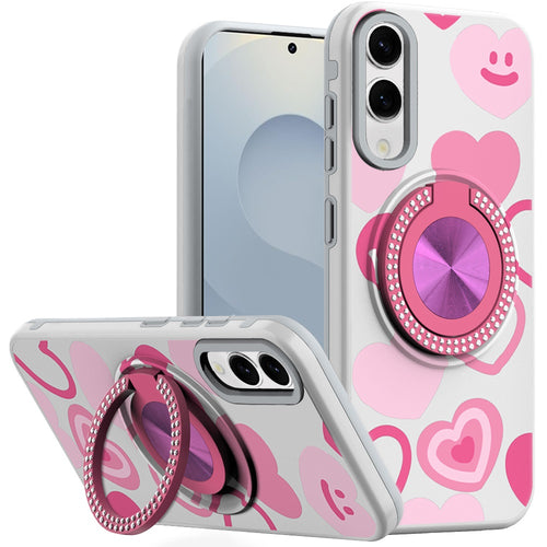 Samsung Galaxy s25 Edge Metal Diamond CD Pattern Design Matte Finished Hybrid with Rotational Ring [Car Mount Friendly] Case - Hearts
