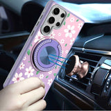 Samsung Galaxy s24 Ultra Metal Diamond CD Pattern Design Matte Finished Hybrid with Rotational Ring [Car Mount Friendly] Case - Floral B