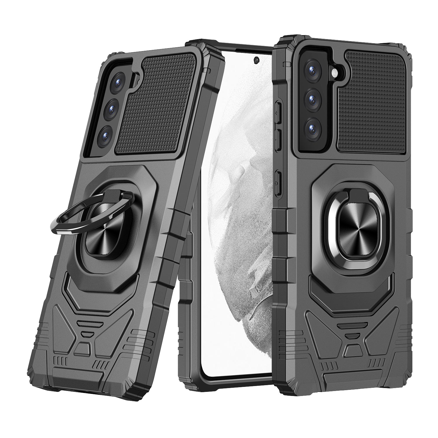 Samsung Galaxy S21 FE Robotic Hybrid with Magnetic Ring Stand Case Cover - Black