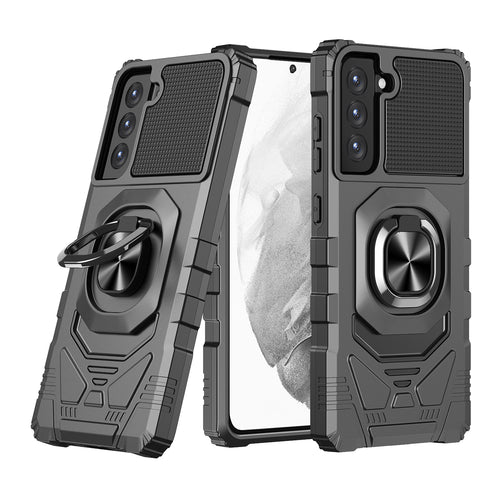 Samsung Galaxy S21 FE Robotic Hybrid with Magnetic Ring Stand Case Cover - Black