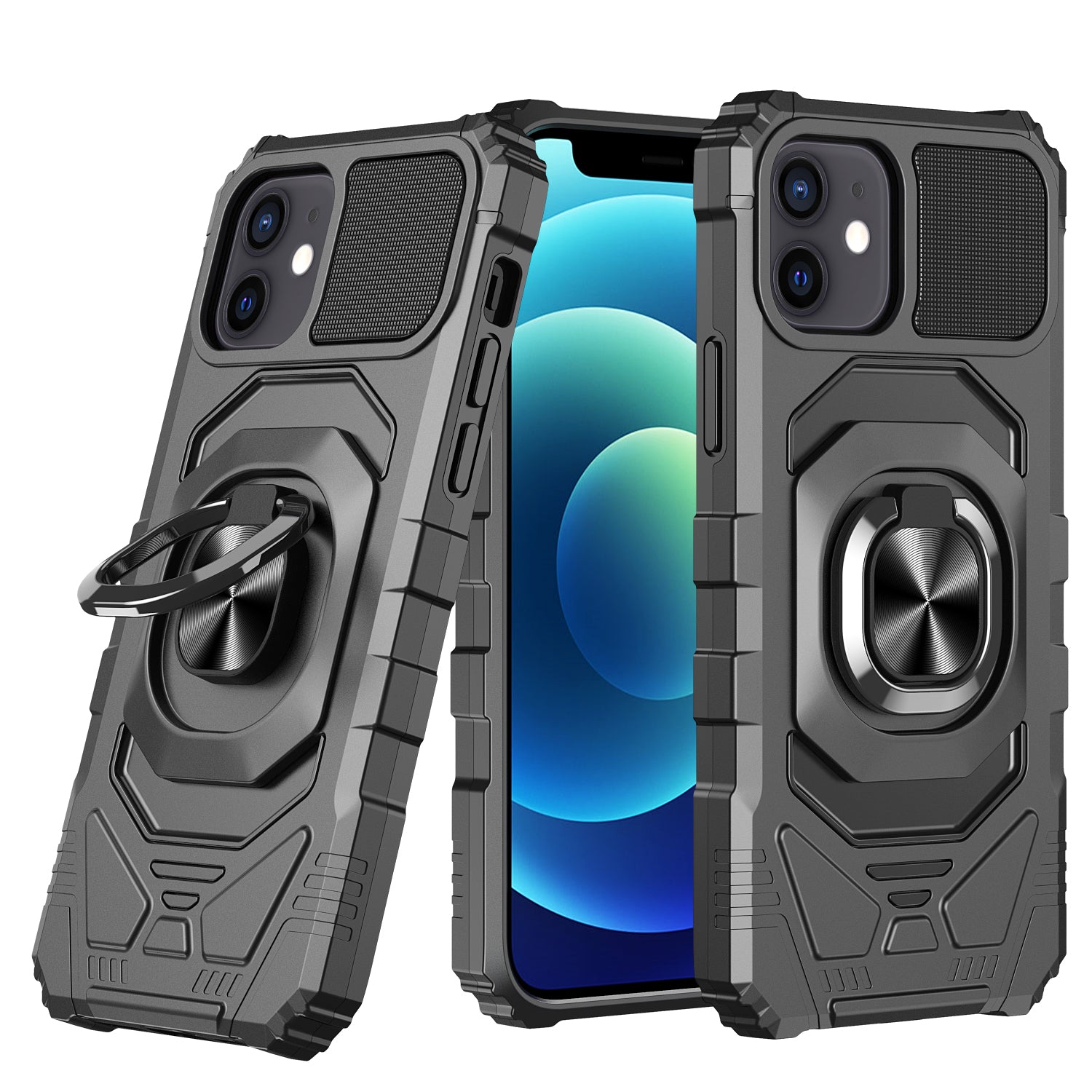 iPhone 13 Pro Max Robotic Hybrid with Magnetic Ring Stand Case Cover - Black