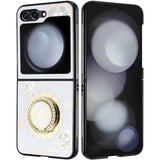 Samsung Z Flip 7FE / Flip 6 SPLENDID Diamond Glitter Ornaments Engraving Case Cover - Good Luck Floral White
