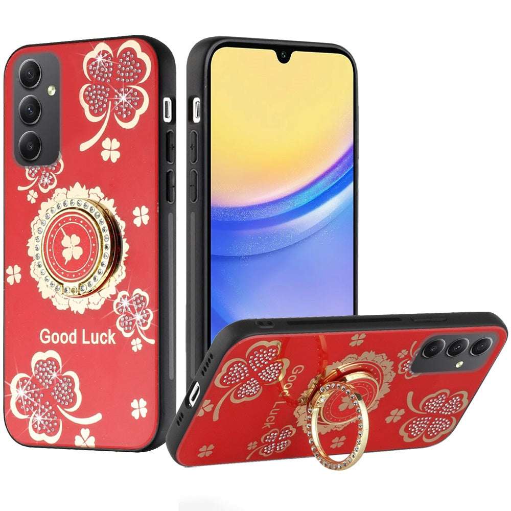 Samsung A16 5G SPLENDID Diamond Glitter Ornaments Engraving Case Cover - Good Luck Floral Red
