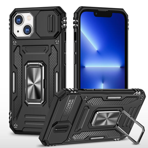 iPhone 13/14 Utter Tough Metal Ring Movable Camera Window Hybrid Case Cover - Black