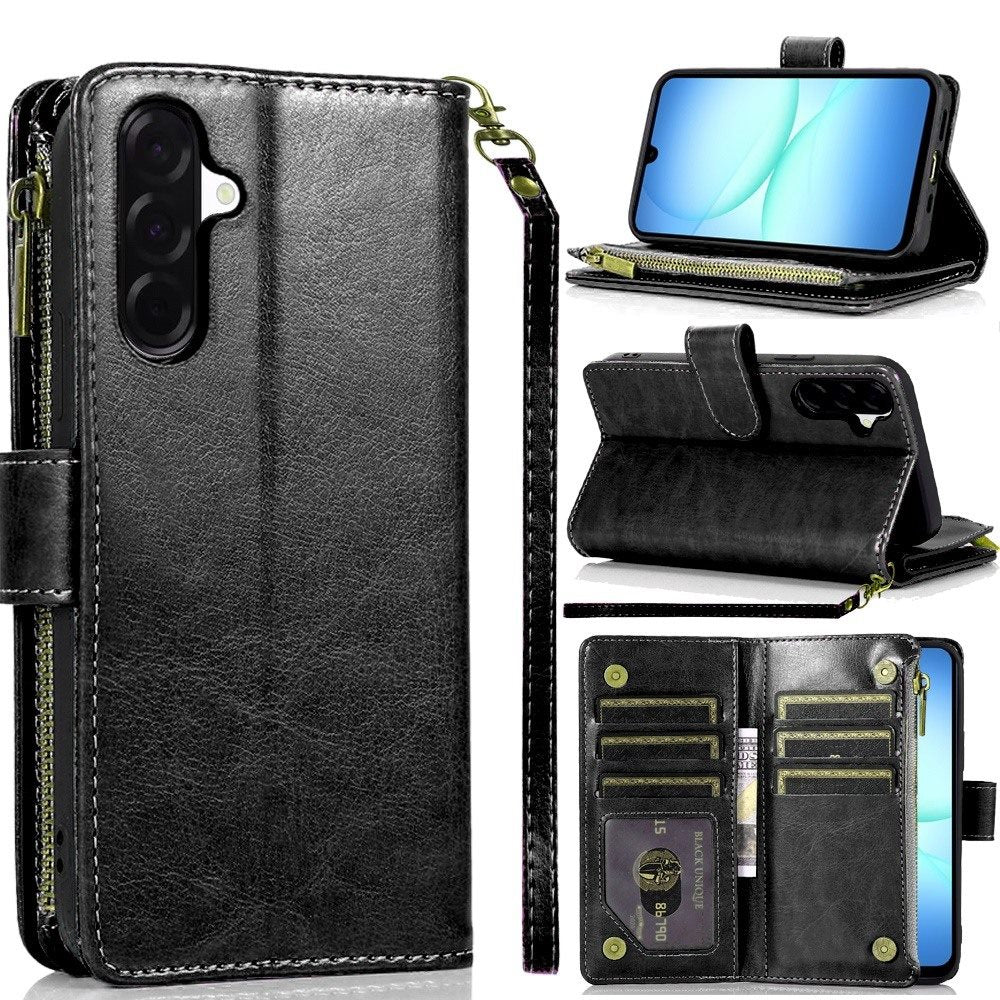 Samsung A17 5G Luxury Wallet Card ID Zipper Money Holder Case Cover - Black
