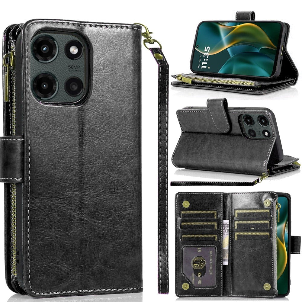 Moto G Stylus 5G 2025 Luxury Wallet Card ID Zipper Money Holder Case Cover - Black