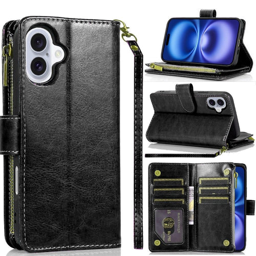iPhone 17 Luxury Wallet Card ID Zipper Money Holder Case Cover - Black