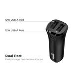 Quikcell   24W DUAL PORT CAR CHARGER Black