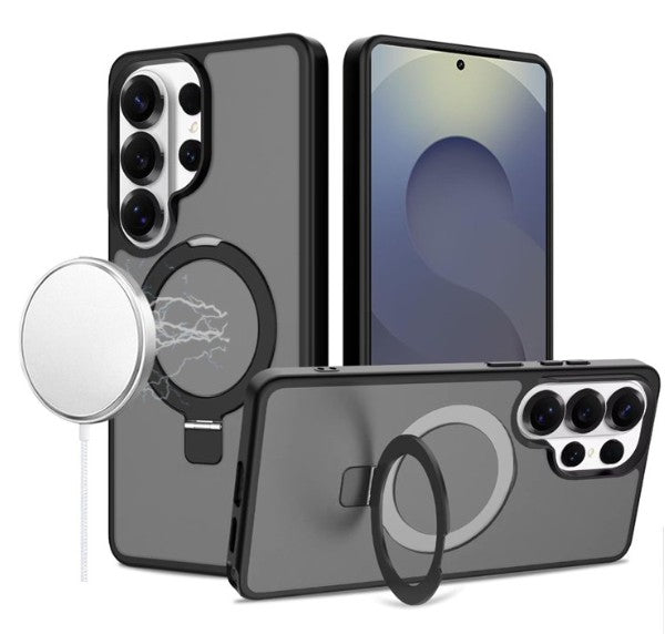 Samsung S26 Ultra Magnetic Matching Ring Stand Full Rotation Matte Hybrid - Black