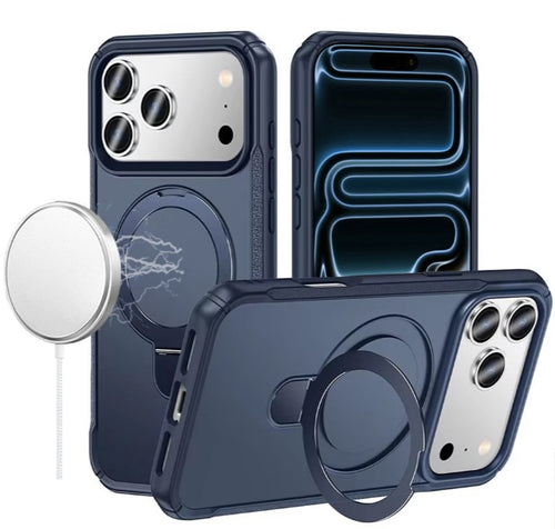 iPhone 17 Pro Max Matte Finish Magnetic Ring With Stand Hybrid Case - Navy Blue