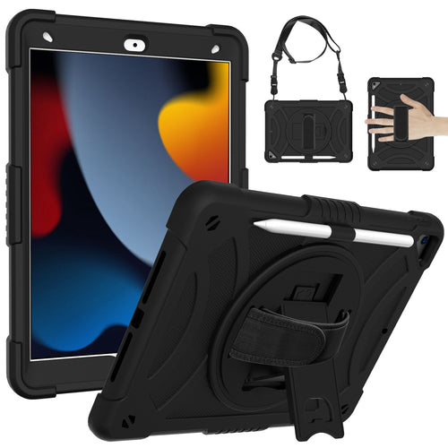 Apple iPad 9th 8th 7th Gen 10.2 inch Tablet Hand and Shoulder Strap with Kickstand 3in1 Tough Hybrid - Black