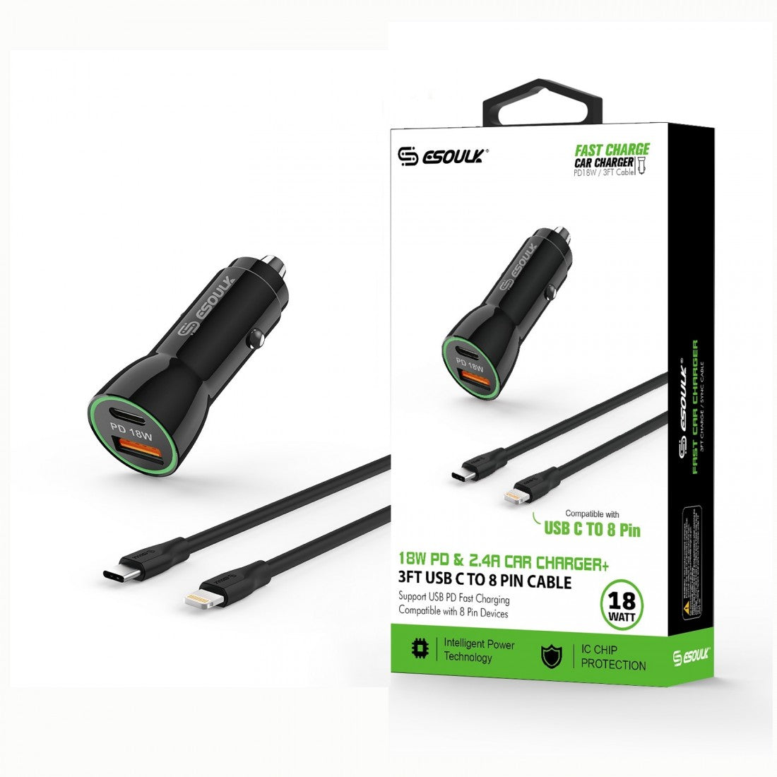 ESOULK EC09P-CL 18W CAR CHARGER+8 PIN USB - BLK