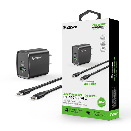 20W PD/QC Wall Charger & 5FT Cable for C to C (12/48)
