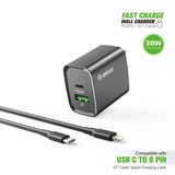 20W PD/QC Wall Charger & 5FT Cable for C to 8pin