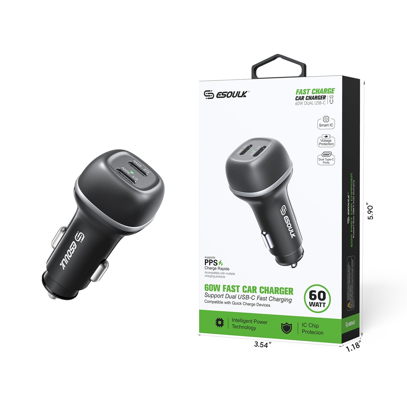 60W PD Dual USB-C Car Charging Plug (12/48)