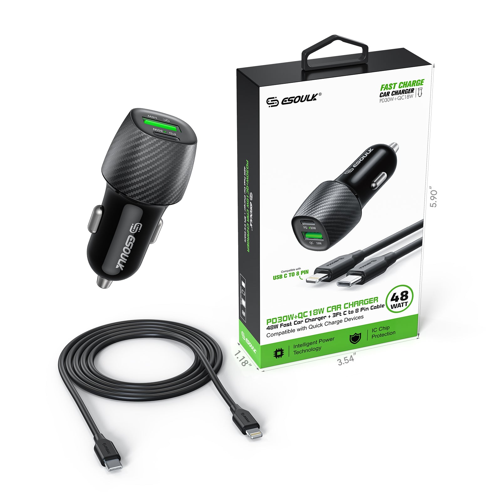 48W PD&QC Car Charger +3Ft USB-C To 8Pin Cable (12/48)