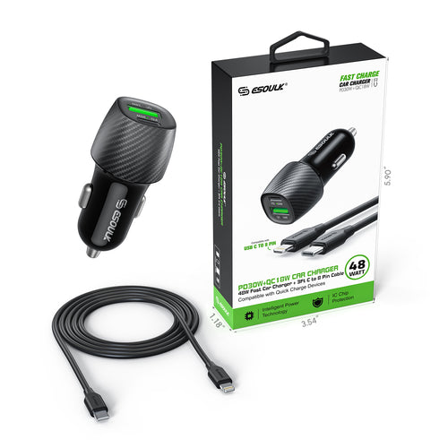 48W PD&QC Car Charger +3Ft USB-C To 8Pin Cable (12/48)