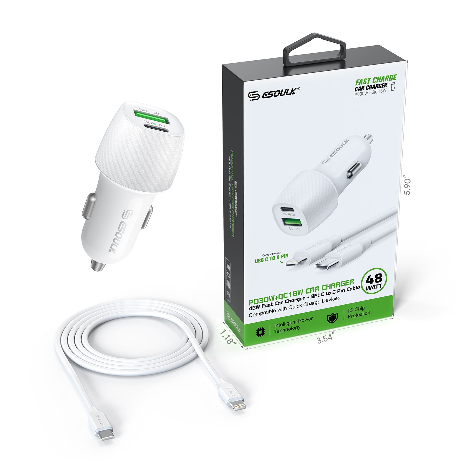 48W PD&QC Car Charger +3Ft USB-C To 8Pin Cable (12/48)