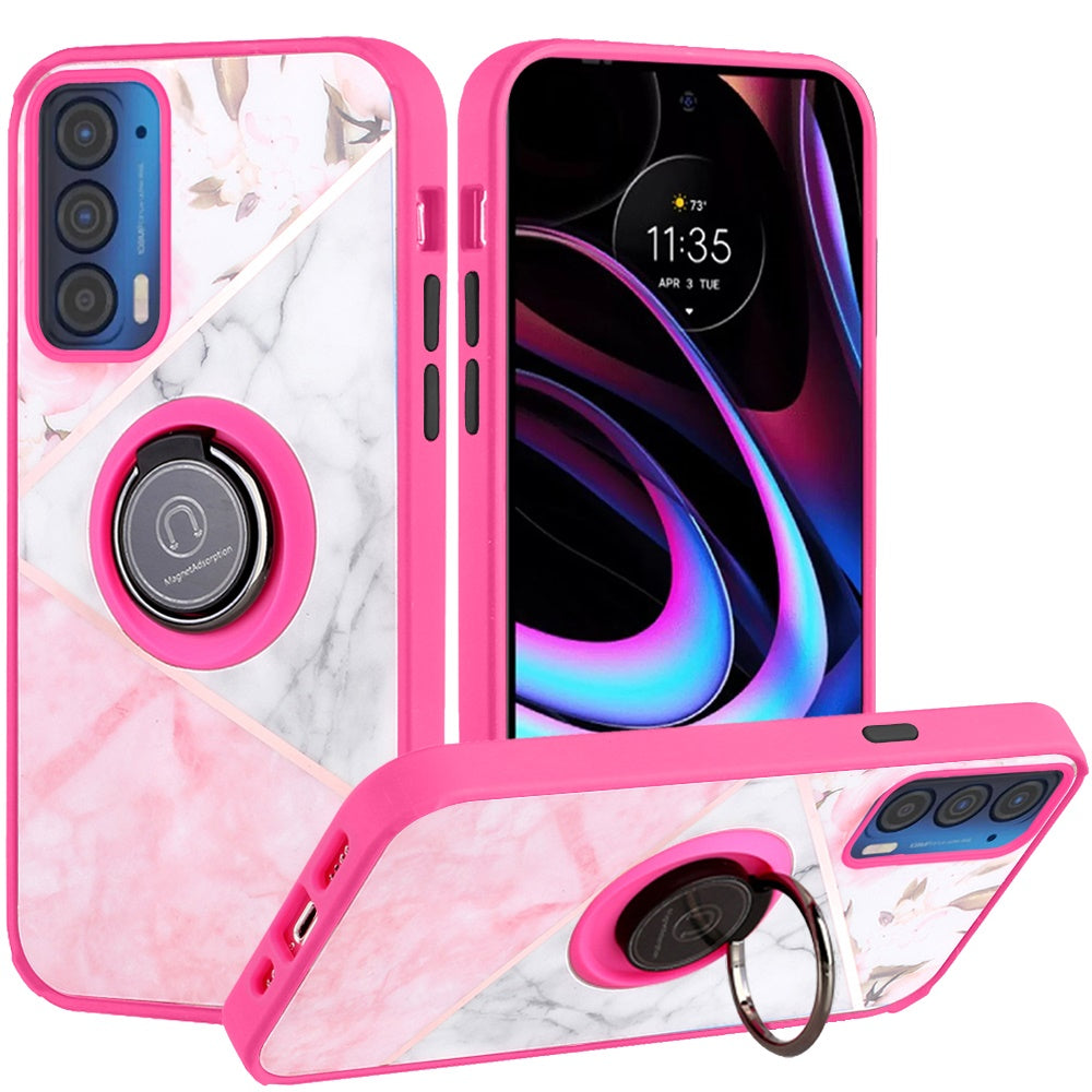 Pink Marble Magnetic Ring Case for Moto Edge 20