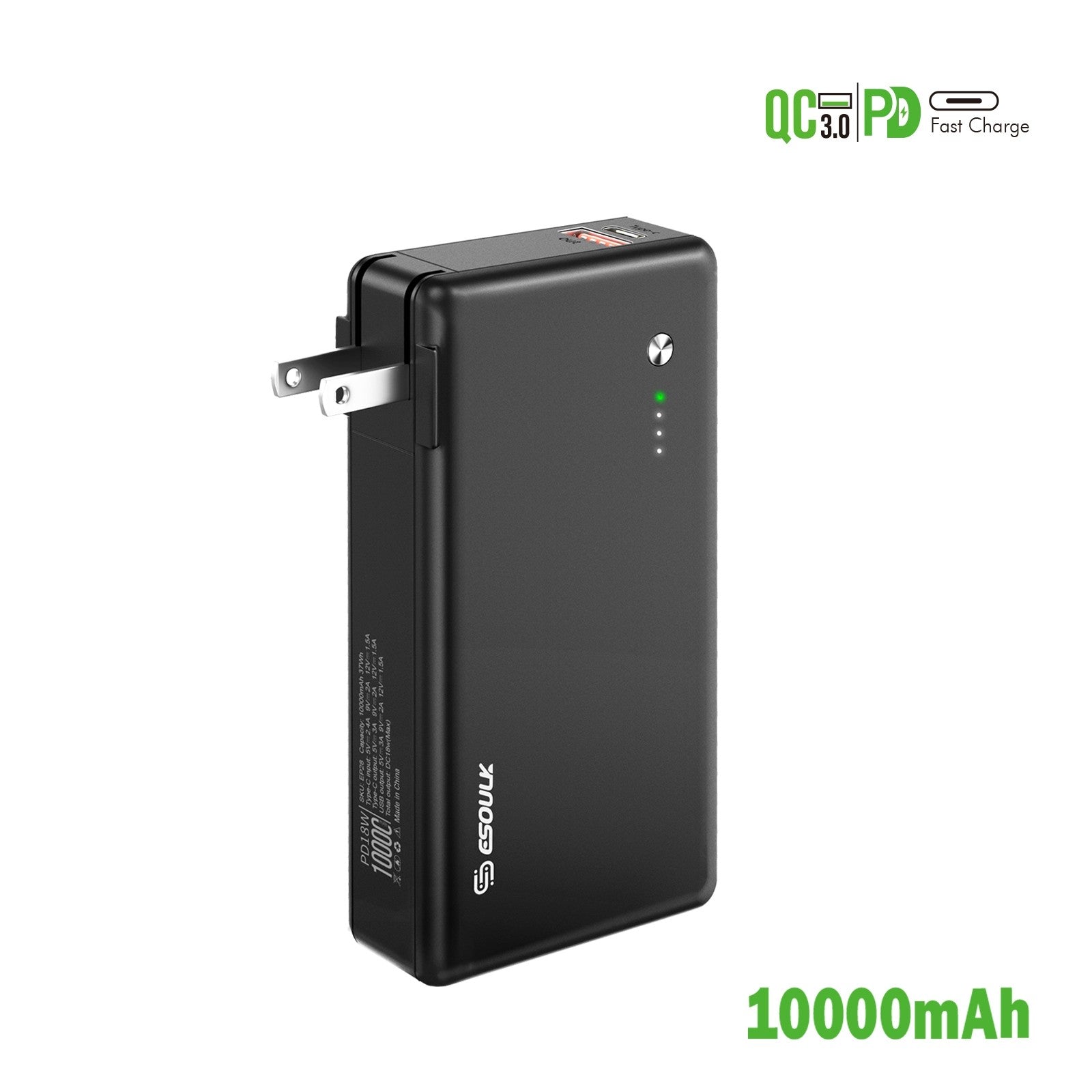 Esoulk 10000mAh PD 18W POWER BANK WITH BUILT IN WALL CHARGER